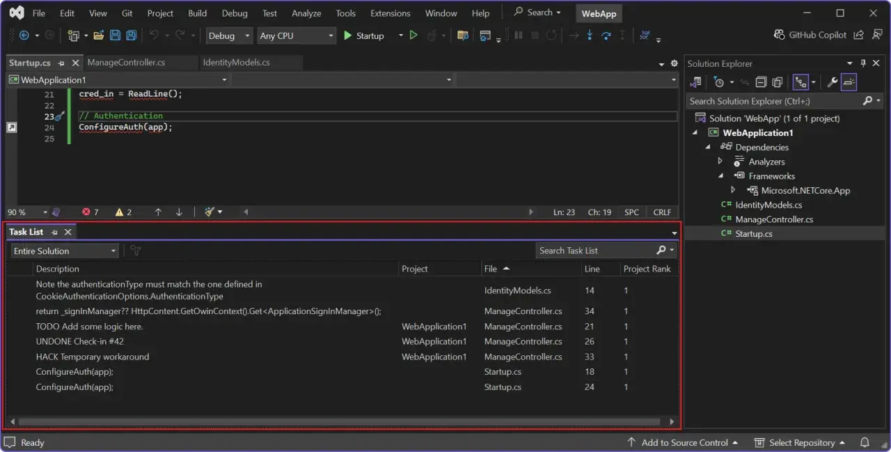 Lista zadań w Visual Studio, zawierająca wpisy takie jak "TODO" i "HACK", z odniesieniami do plików C# i numerów linii.