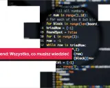 Kod źródłowy z powiększeniem, tekst "Frontend: Wszystko, co musisz wiedzieć" i logo it4eb.