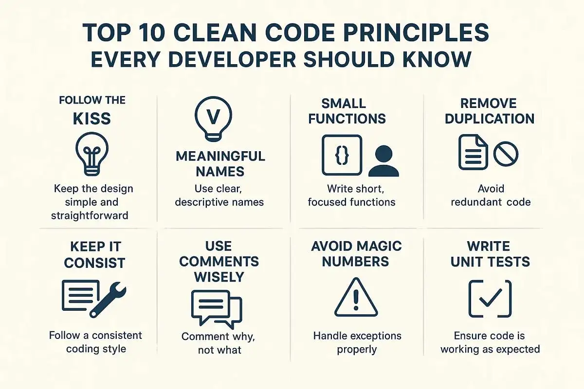 Top 10 zasad clean code: KISS, znaczące nazwy, małe funkcje, usuwanie duplikacji, spójność, komentarze, unikanie magii, testy jednostkowe.
