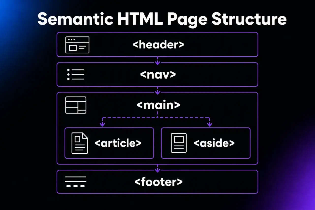 Schemat struktury strony semantycznej HTML: nagłówek, nawigacja, główna treść z artykułem i bocznym panelem, stopka. To jest html dla zielonych.