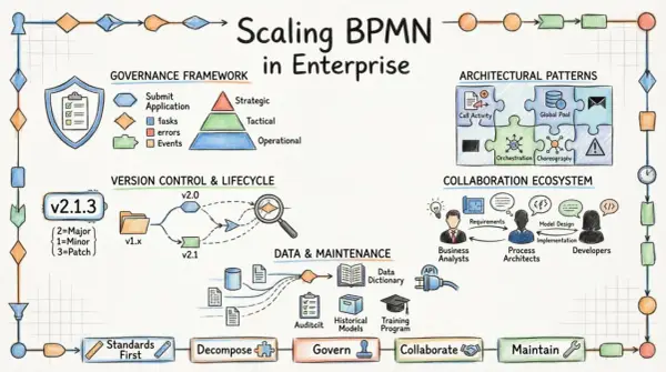Diagram przedstawia skalowanie BPMN w przedsiębiorstwie, omawiając wzorce projektowania baz danych, zarządzanie wersjami, ekosystem współpracy i utrzymanie.