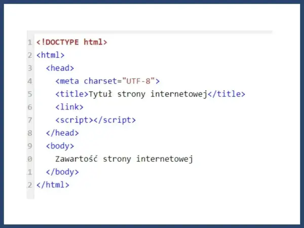 Fragment kodu HTML, który definiuje podstawową strukturę strony internetowej. Widoczny jest formularz HTML z tagami.