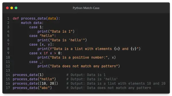 Kod Pythona demonstrujący `python switch` (match-case) do przetwarzania danych, z przykładami dla liczb, stringów i list.