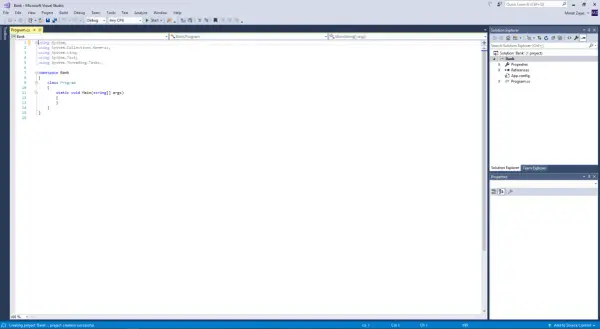 Kod C# w Visual Studio, tworzenie projektu "Bank". Widoczny jest plik Program.cs z pustą metodą Main, gotowy na implementację logiki, np. c# event handler.