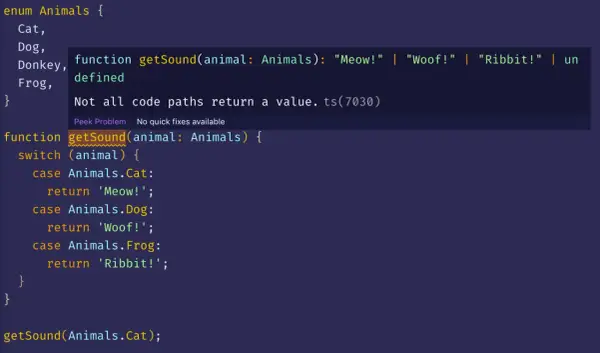 Kod TypeScript z instrukcją `switch case` dla enum `Animals`. Funkcja `getSound` zwraca dźwięk zwierzęcia.
