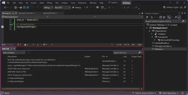 Lista zadań w Visual Studio, zawierająca wpisy takie jak "TODO" i "HACK", z odniesieniami do plików C# i numerów linii.