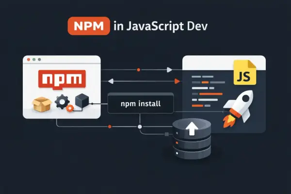 Diagram przedstawia proces instalacji pakietów w JavaScript, gdzie npm save dev pozwala na dodawanie zależności.