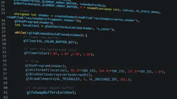 Kod w C++ do renderowania grafiki, używający OpenGL. Widać tu fragment pętli głównej, czyszczenie bufora i ustawianie koloru tła.