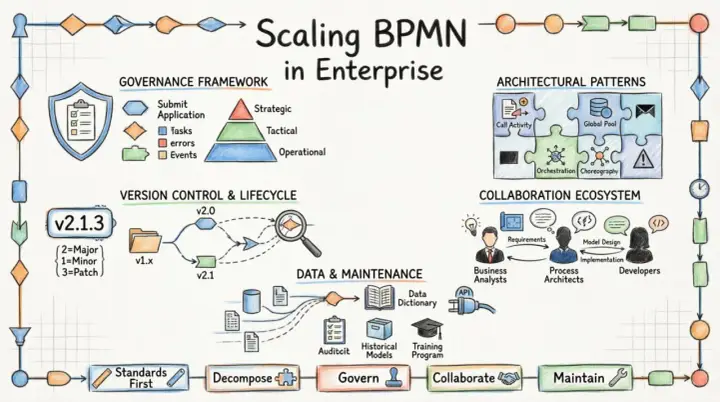 Diagram przedstawia skalowanie BPMN w przedsiębiorstwie, omawiając wzorce projektowania baz danych, zarządzanie wersjami, ekosystem współpracy i utrzymanie.