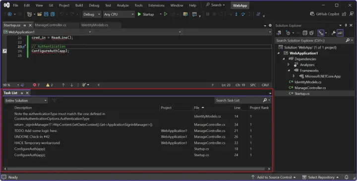 Lista zadań w Visual Studio, zawierająca wpisy takie jak "TODO" i "HACK", z odniesieniami do plików C# i numerów linii.
