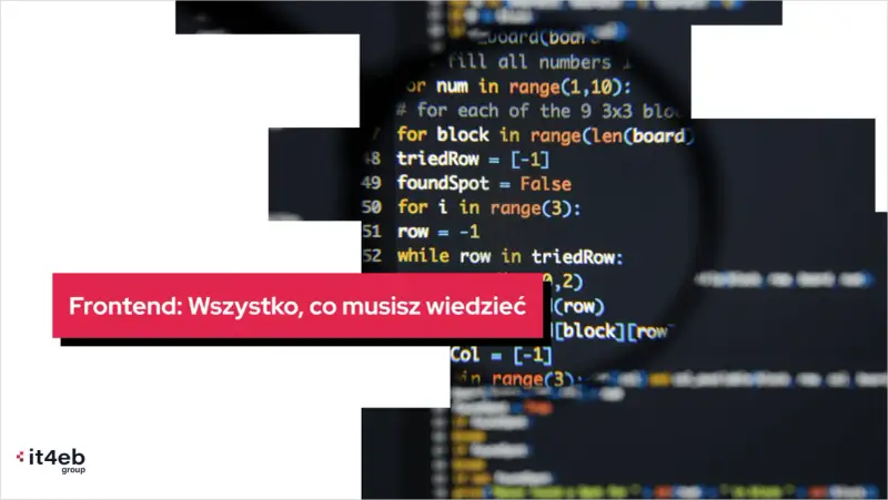 Kod źródłowy z powiększeniem, tekst "Frontend: Wszystko, co musisz wiedzieć" i logo it4eb.