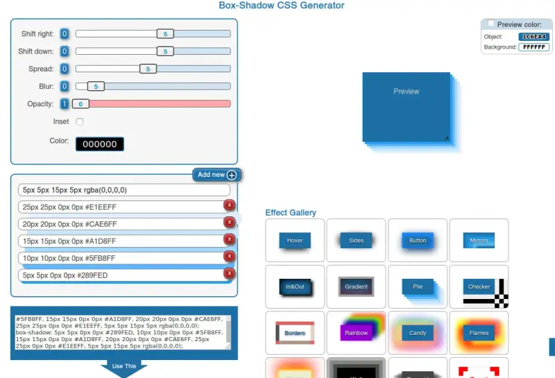 Generator CSS dla cienia. Ustawienia przesunięcia, rozmycia i koloru tworzą efekt cienia.